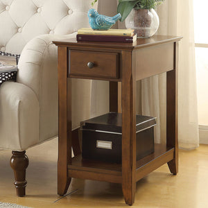 English Elm Wooden Transitional Rectangular Side Table with Slim Footprint, Open Shelf and Single Smooth Drawer Walnut B016P310267