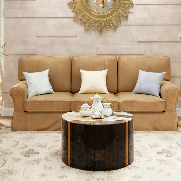 English Elm Black Round Mirrored Glass Coffee Table Gold Sunburst Glam Accent for Living Room Black W3836P382373