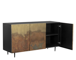 Sunpan Auburn Sideboard: Exquisite Antique Brass Design with Ombre Patina, Black Metal Frame, Handcrafted Charm