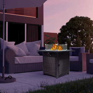 English Elm Outdoor Fire Pit 50,000 BTU Propane Gas Fire Table with Wicker Base, Glass Wind Guard, Lid, Patio Warmer Brown+Black W213P266089