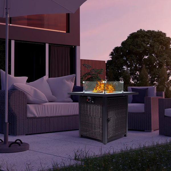 English Elm Outdoor Fire Pit 50,000 BTU Propane Gas Fire Table with Wicker Base, Glass Wind Guard, Lid, Patio Warmer Brown+Black W213P266089