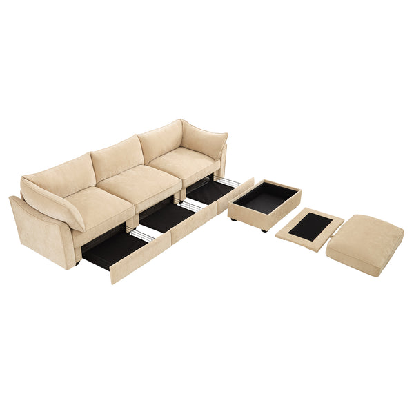 English Elm L-Shaped Modular Sofa With Movable Footstool, Cozy Crescent Armrests, Wheat Chenille Elegance W3041S00176