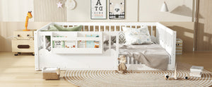 English Elm Queen Low Profile Kids Floor Bed with Guardrails Bookshelf and Pine Wood Frame White W1580P373142