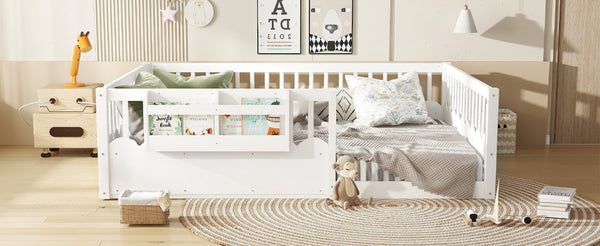 English Elm Queen Low Profile Kids Floor Bed with Guardrails Bookshelf and Pine Wood Frame White W1580P373142