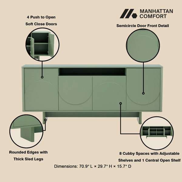 English Elm Ella 71" Sideboard with Soft-Close Doors, Adjustable Shelves, 9 Cubby Spaces & Modern Sled Legs Sage Green B365S00108