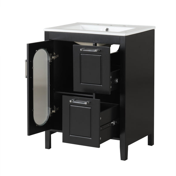 English Elm 24" Modern Bathroom Vanity with Ceramic Sink, Solid Wood & MDF Cabinet, Two Drawers, Shelf Black N725P245273B