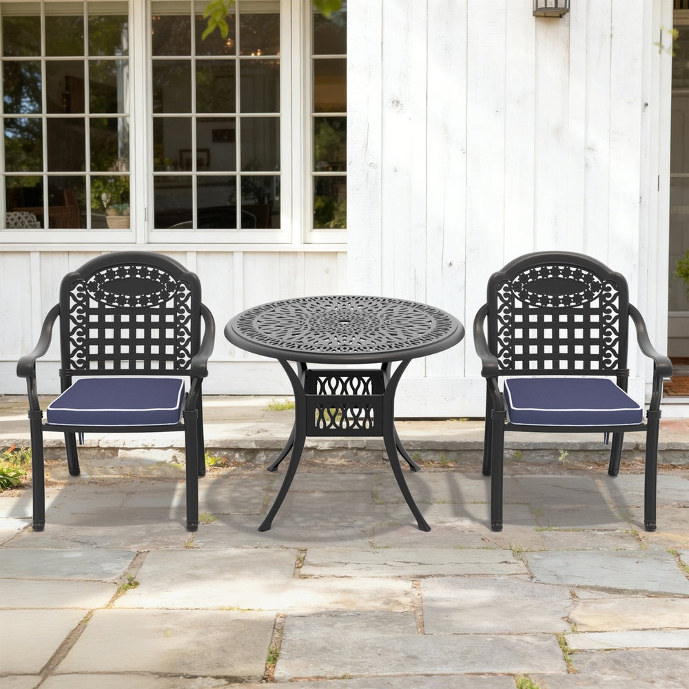English Elm 3-piece Cast Aluminum Outdoor Bistro Set with Carved Petal Patterned Stacking Chairs W1710S00627