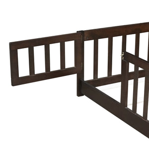 English Elm Twin Low Profile Rubberwood Floor Bed with Full Safety Fence for Toddler Rooms Espresso W504P429279