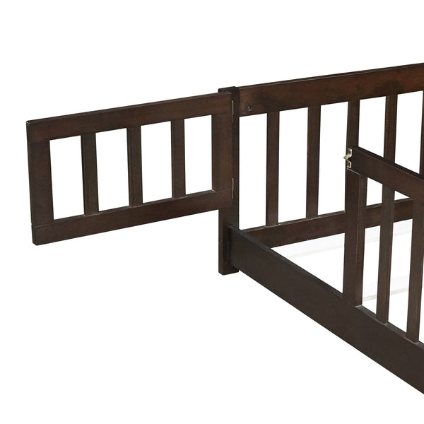 English Elm Twin Low Profile Rubberwood Floor Bed with Full Safety Fence for Toddler Rooms Espresso W504P429279