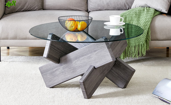 English Elm Round Tempered Glass Coffee Table with Sculptural Mdf Base for Modern Living Rooms Gray W1151P180317