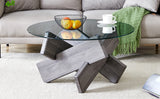 English Elm Round Glass Coffee Table, 33.4" Modern Design Unique Coffee Table. Tempered Glass Top With Grey Patterned Mdf Legs. Suitable For Living and Dining Rooms