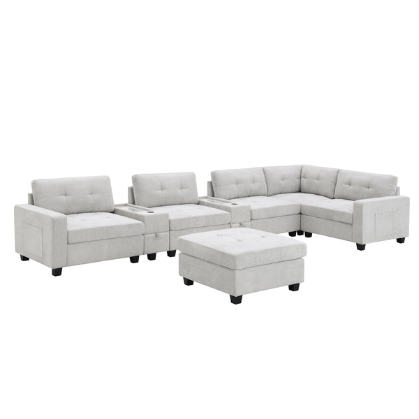 English Elm [new U-shaped Chenille Sectional Six Seat Tufted Couch with Usb Charging Storage Light Gray N723S1191K