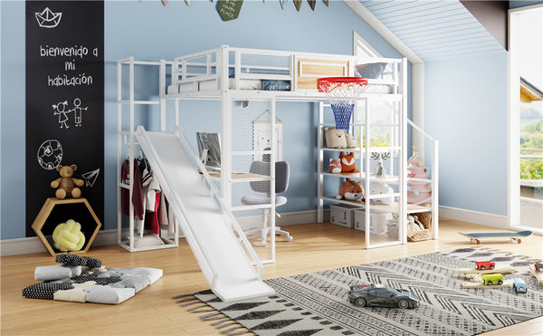 English Elm Full Full Size Metal Loft Bed with Built-In Desk, Slide, Basketball Hoop and Open Wardrobe Storage White GX001524AAK