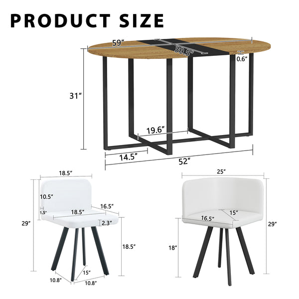 English Elm 7-piece Oval Dining Set with Pu Leather Chairs Modern Kitchen Table for Six Black,White,Wood W3875S00089
