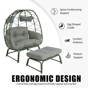 English Elm Double Egg Chair Wicker Outdoor Lounge Set with Ottoman and Weather Resistant Cushions T5880P501484