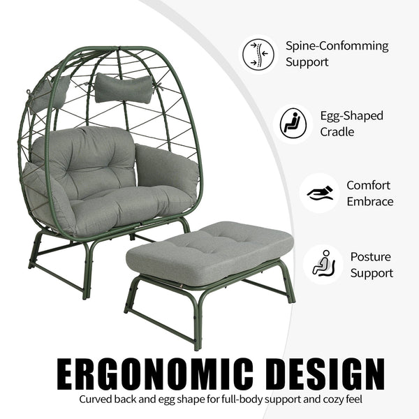 English Elm Double Egg Chair Wicker Outdoor Lounge Set with Ottoman and Weather Resistant Cushions T5880P501484