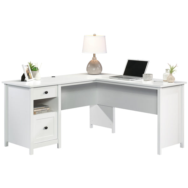 English Elm L-Shaped Desk In Sleek White Finish - Spacious Corner Workspace With Storage For Home Office Efficiency B356P367731