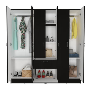 English Elm Guajira Six Door Armoire in Black - 3 Cabinets, Hidden Shoe Drawer, Hanging Rods & Shelves Storage B128S00092