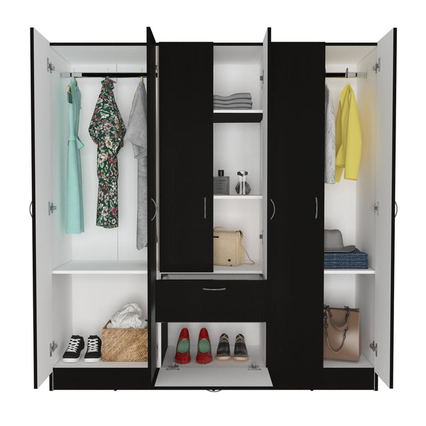 English Elm Guajira Six Door Armoire in Black - 3 Cabinets, Hidden Shoe Drawer, Hanging Rods & Shelves Storage B128S00092