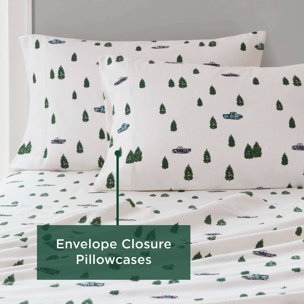 English Elm 4 Pcs Full Sheet Set - Cozy Green Trees & Trucks Design, Soft Cotton Flannel For Year-Round Comfort B035P319767