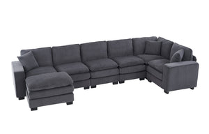 English Elm Modern U Shaped 6-Seat Sectional Sofa with Ottoman and 3 Toss Pillows, Corduroy Modular Comfort and Durable Frame Grey W2363S00041