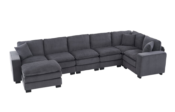 English Elm Modern U Shaped 6-Seat Sectional Sofa with Ottoman and 3 Toss Pillows, Corduroy Modular Comfort and Durable Frame Grey W2363S00041