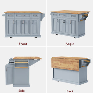 English Elm K&K 54" Farmhouse Kitchen Island with Embossed Texture, Drop Leaf, Soft-Close Drawers & Wheels Grey+Blue N707P195395G