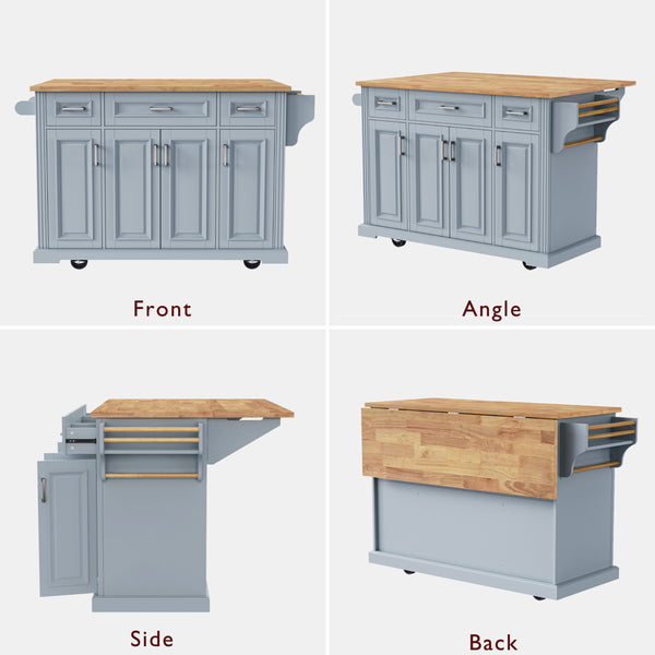 English Elm K&K 54" Farmhouse Kitchen Island with Embossed Texture, Drop Leaf, Soft-Close Drawers & Wheels Grey+Blue N707P195395G