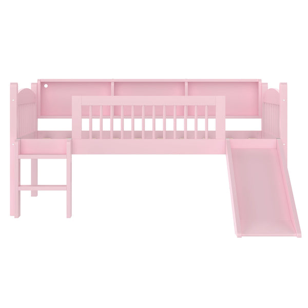 English Elm Twin Low Loft Bed Solid Pine Frame with Built-in Led Lighting and Storage Shelves Pink W1580P395929