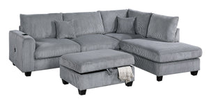 English Elm Contemporary 3pc Sectional Set with USB Charging, Corduroy Upholstery, Storage Ottoman & Pillows Fog 77 L x 35 W x 17 H B011S01239