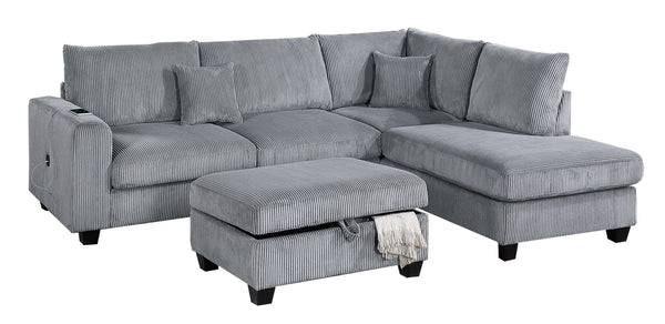 English Elm Contemporary 3pc Sectional Set with USB Charging, Corduroy Upholstery, Storage Ottoman & Pillows Fog 77 L x 35 W x 17 H B011S01239