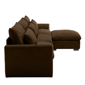 English Elm Corduroy Sectional Sofa - Versatile L-Shaped Couch With Storage Footstool & Lumbar Pillows, Brown W714S00661