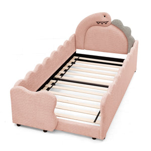 English Elm Twin Dinosaur Boucle Upholstered Kids Bed Solid Wood Frame with Padded Safety Rails Pink W1413P384917