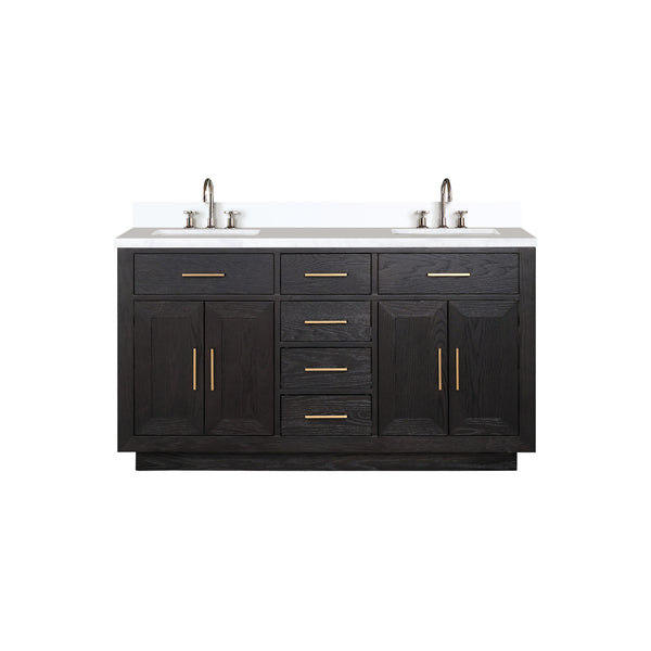 English Elm Black Oak Double Bath Vanity 60" W With Cultured Marble Top & Chrome Faucet Set - Modern Elegance! B2731P260841