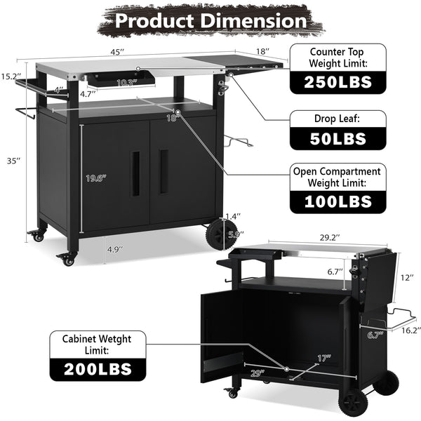 English Elm K&k Outdoor Bbq Station Stainless Steel Top Foldable Side Table Locking Wheels N707P379802B
