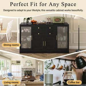 English Elm U-style Modern Buffet Sideboard with Acrylic Doors Power Outlet and Adjustable Storage Black N711P437648B