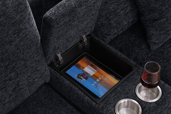 English Elm Chiara Chenille Sectional Sofa with Chaise Cupholders Usb Charging Ports Living Room Dark Gray B2749S00234