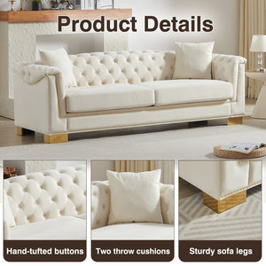 English Elm {video] Tufted Black Velvet Chesterfield Sofa with Gold Studs Three Seat Living Room Beige W1926S00096