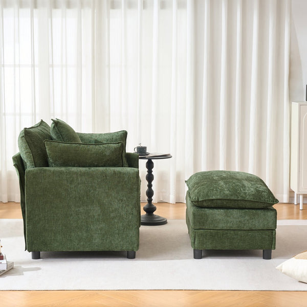 English Elm 39.4" Chenille Club Chair with Ottoman Solid Wood Frame Contemporary Living Room Seat Green W3244P427726