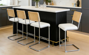 English Elm Natural Rattan Backrest Counter Stools Set of 4 with Chrome Legs and Pu Leather Seats W2920S00106