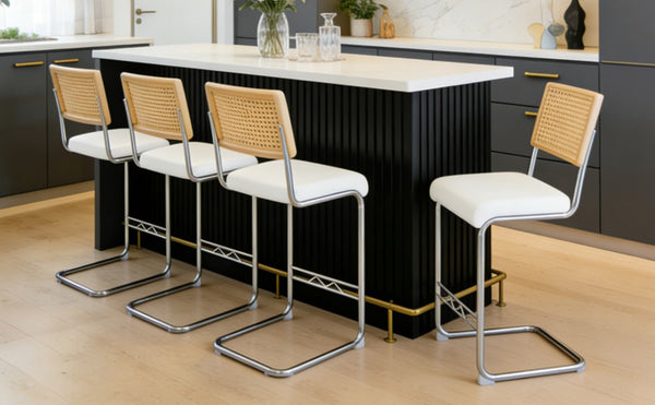 English Elm Natural Rattan Backrest Counter Stools Set of 4 with Chrome Legs and Pu Leather Seats W2920S00106