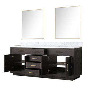 English Elm Brown Oak Double Bath Vanity With Carrara Marble Top, Soft-Close Drawers & 2 Frameless Mirrors B2731S01543