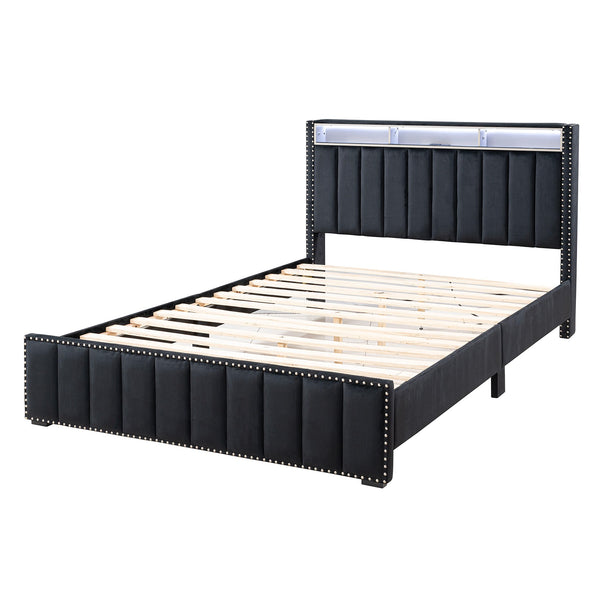 English Elm Contemporary Queen Bedroom Set Channel Tufted Upholstered Bed with Led Headboard Nightstands Black B2741S00773