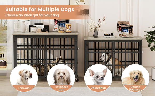 English Elm Furniture style dog crate with sturdy steel frame, particle board top for 150lb storage, fits dogs up to 70lb Grey W1162119832