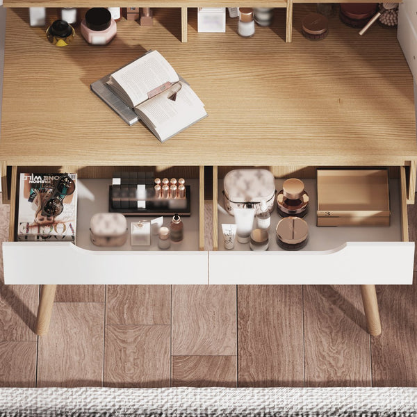 English Elm Makeup Vanity Desk with LED 3-Mode Lighted Mirror, Solid Wood Feet, 4 Drawers & Shelves, Oak Finish W509P238991