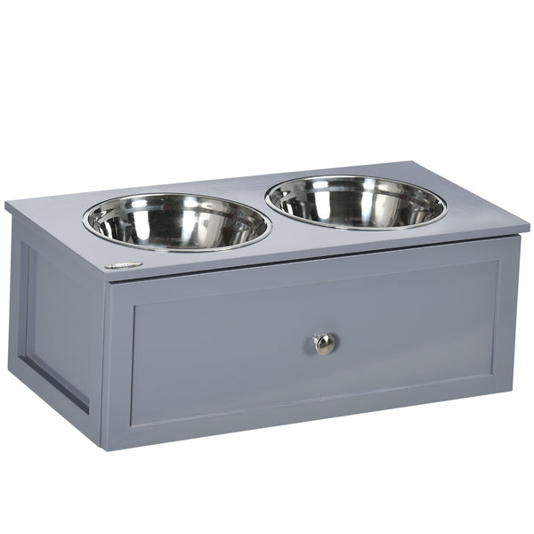 English Elm PawHut Elevated Dog Bowls with Hidden Storage Drawer, 2 Stainless Steel Bowls, Gray, Medium W2225P200774