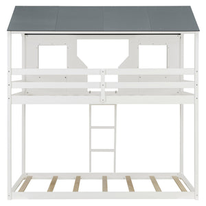 English Elm Twin Over Playhouse Bunk Bed Solid Pine Frame with Roof Windows Guardrail LT100045AAK-1