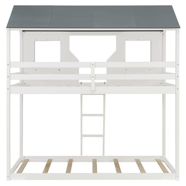 English Elm Twin Over Playhouse Bunk Bed Solid Pine Frame with Roof Windows Guardrail LT100045AAK-1