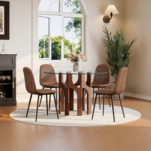 English Elm Round Tempered Glass Dining Table Sculptural Geometric Mdf Base Seats Four Compact Walnut W3875P387156