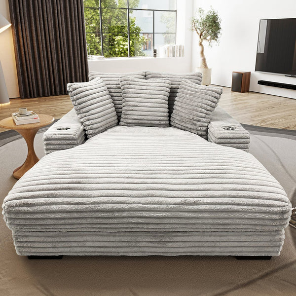 English Elm Oversized Chaise Lounge Sofa with Dual Cup Holders and USB Ports, Plush Upholstery for Lounging Grey 69 L x 59 W x 22 H B2741P284434